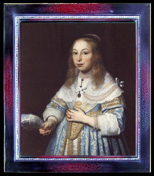 framed  Bartholomeus van der Helst Portrait of a Girl in Pale Blue with an Ostrich Feather Fan, Ta047